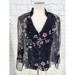Vintage JR Nite Whimsigoth Top Edwardian Velvet Dark Moody Floral Sheer Vamp 2X?